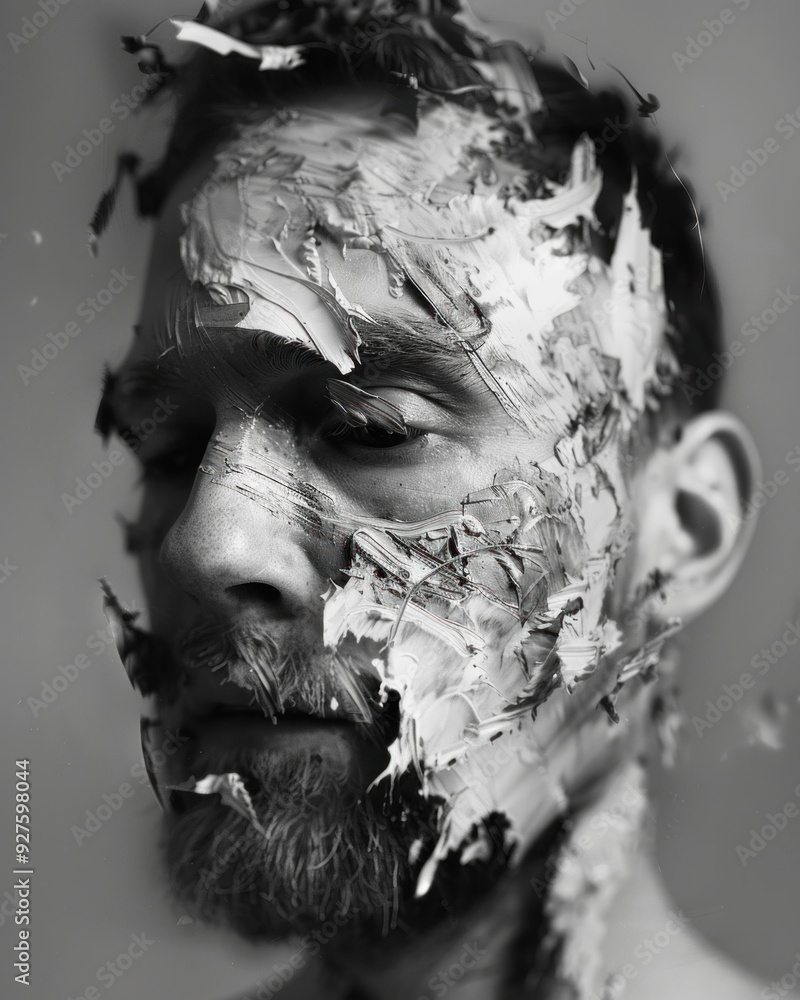 Poster abstract portrait of a man with a textured face covered in paint, blending into a neutral background