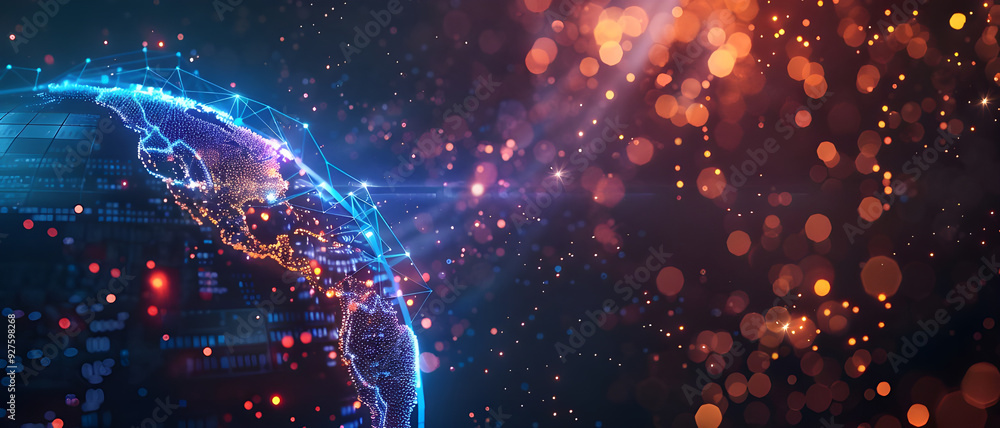 Poster Abstract representation of a digital Earth with glowing network connections and vibrant light effects, symbolizing global connectivity.