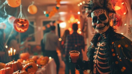 A Halloween party with themed decorations and costumed attendees.
