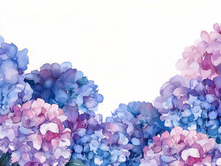 Obraz premium Hydrangea flowers on a white background, blue, purple floral corner