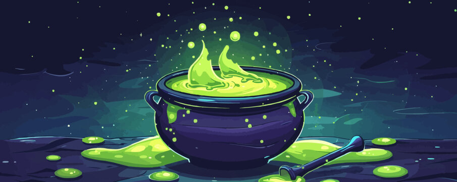 Cauldron with bubbling green potion. Vector flat isolated.