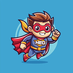 Cute super hero flying or walking cartoon mascot logo design icon vector illustration