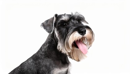 笑顔のミニチュアシュナウザーのポートレート（Portrait of a smiling Miniature Schnauzer puppy on white background）
