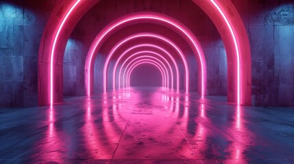 Futuristic Neon Archway - 3D Render of Abstract Architecture with Illuminated Design and Empty...