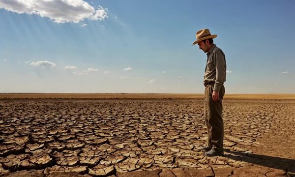 Wide view of a drought-stricken farmland, the soil dry and cracked. Crops are withered and dying, and a solitary farmer surveys the damage, framed by a clear, painfully bright sky.