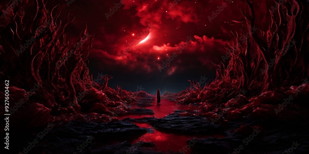 Poster man standing in dark forest with red light