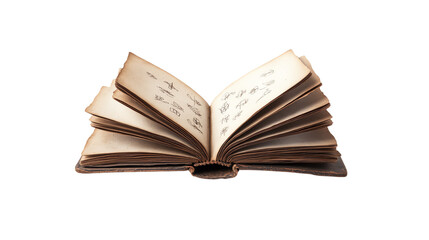 Vintage open book with handwritten notes and sketches, isolated on a clean background, showing the unique character of aged paper.
