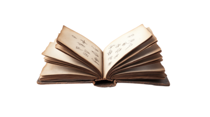 Vintage open book with handwritten notes and sketches, isolated on a clean background, showing the unique character of aged paper.