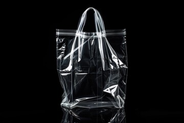 Transparent plastic bag with handles on black background