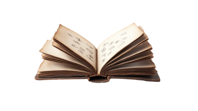 Vintage open book with handwritten notes and sketches, isolated on a clean background, showing the unique character of aged paper.