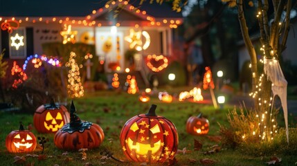 A house front lawn decorated with various Halloween props and lights.