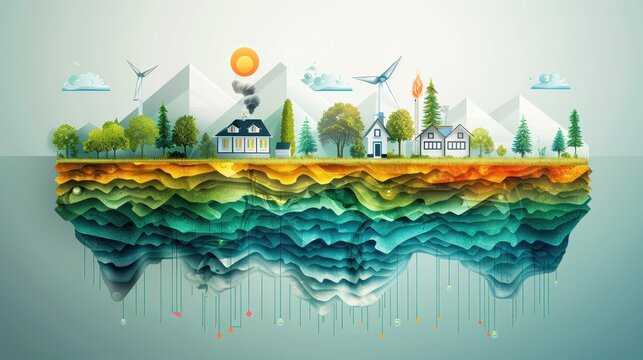 Floating Island with a City and Wind Turbines - Powered by Adobe