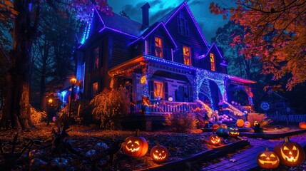 A house with frightening Halloween decorations and eerie lighting.