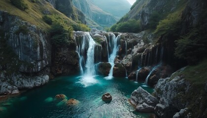 Naklejka premium AI generator image of waterfalls,waterfall flowing with colorful sunset sky,in Forest, Stones