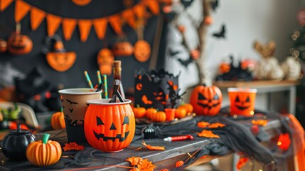 A table setup for a Halloween craft party with decorations and supplies.