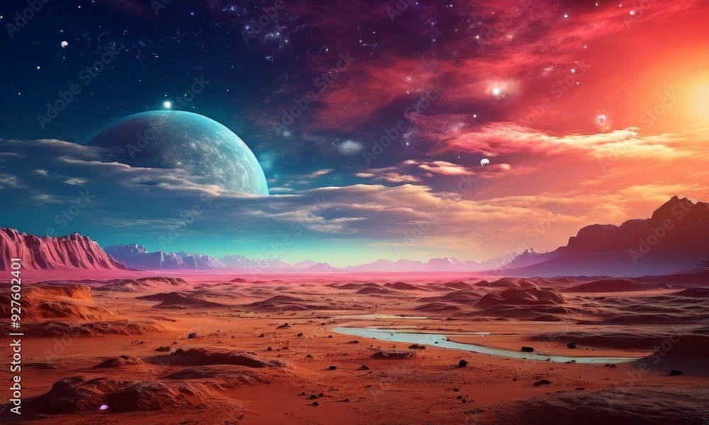 Poster planet with red sky and moon