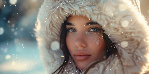 A beautiful woman in a fur coat with a fur hood, close-up, surrounded by snowflakes and bokeh effects. In the background is an icy landscape with soft lighting, creating a dreamy winter atmosphere.