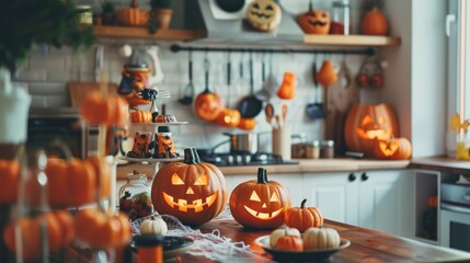 Obraz premium A kitchen with Halloween-themed decor, including pumpkin-themed accessories.
