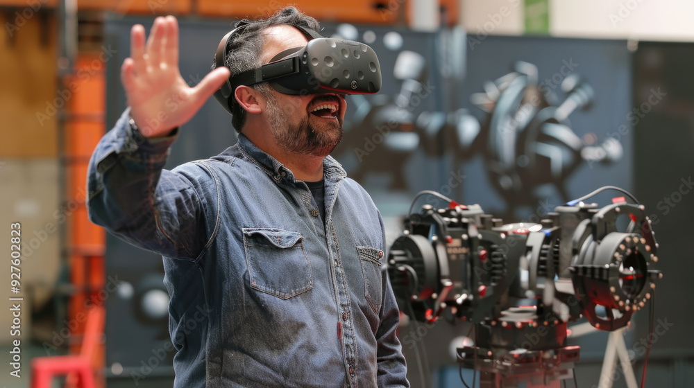 Poster a man joyfully engages with advanced virtual reality technology in a studio setting