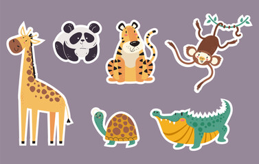 Obraz premium Jungle animals stickers isolated set. Vector graphic design illustration element 