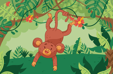 Jungle monkey on palm tree in jungle forest flat style concept. Vector graphic design illustration element