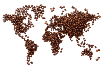 World map made from coffee beans, isolated on white transparent background, png element. Coffee world map made from brown roasted coffee beans