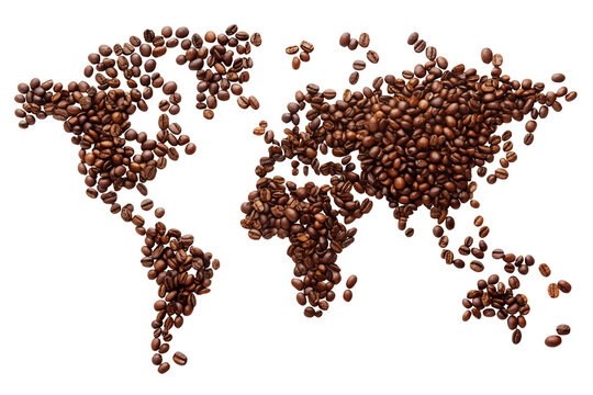 World map made from coffee beans, isolated on white transparent background, png element. Coffee world map made from brown roasted coffee beans