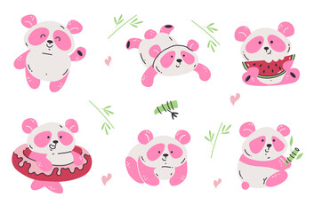 Obraz premium Pink panda set line art flat simple style concept. Vector graphic design illustration element