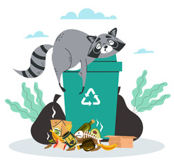 Raccoon digs through trash garbage can isolated composition. Vector graphic design illustration element