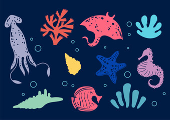 Sea life ocean underwater animals isolated set. Vector graphic design illustration element