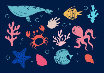 Naklejka premium Sea life ocean underwater animals isolated set. Vector graphic design illustration element