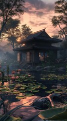 Obraz premium AI generated images of modern designed wooden house, cafe-resort style, located near a waterfall, with a view, beautiful landscape, fresh air.