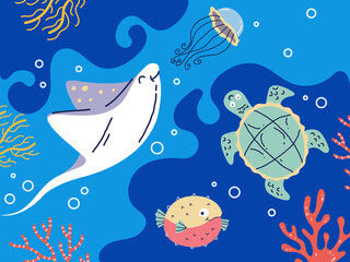 Sea life ocean underwater animals composition concept. Vector graphic design illustration element