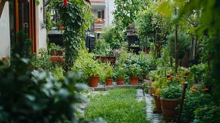 Obraz premium Lush Urban Garden Showcasing Eco-Friendly Lifestyle and Sustainable Practices
