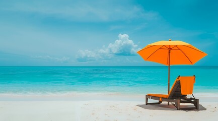 A lounge chair on a white sandy beach with a bright orange umbrella and turquoise ocean under a blue sky.