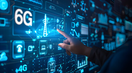 a human hand interacts with a holographic interface that depicts the advanced capabilities of 6G technology
