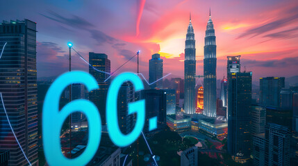 urban innovation, a city skyline at dusk is overlaid with the bold, semi-transparent text "6G." 