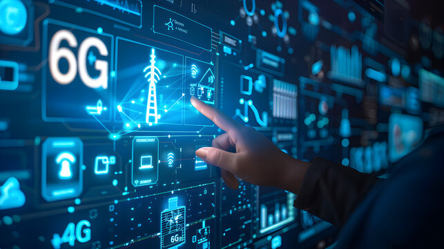 a human hand interacts with a holographic interface that depicts the advanced capabilities of 6G technology