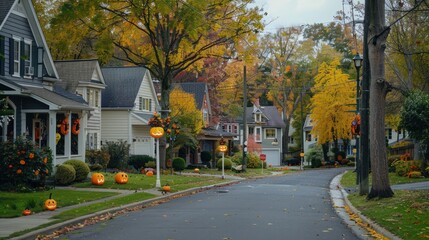 A neighborhood street where every house is decorated for Halloween.