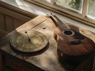 Antique Brass Sundial on Weathered Oak Table with Vintage Acoustic Guitar in Warm Golden Window