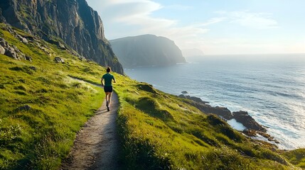 Person jogging along a scenic coastal path,promoting fitness and well-being in a healthy lifestyle