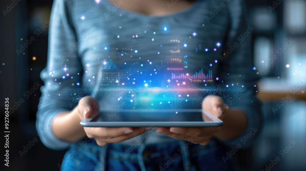 Poster engaging with futuristic data and analytics displayed on a digital tablet in a cozy indoor setting