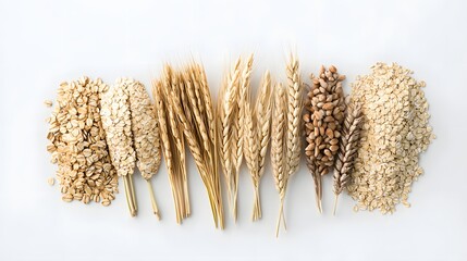 9. "An isolated image of a selection of whole grains, including oats and barley, on a clean white background, highlighting their fiber content