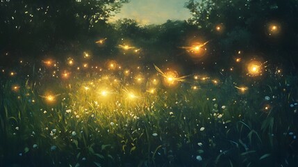 Glowing Fireflies Illuminating a Lush Meadow at Golden Hour Ethereal Impressionist Landscape