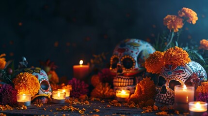 Skulls adorned with intricate designs and candles illuminate marigolds for a festive celebration