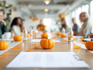 Office meeting room decorated with small pumpkins and autumn leaves, creating a festive and warm atmosphere for meetings and gatherings.