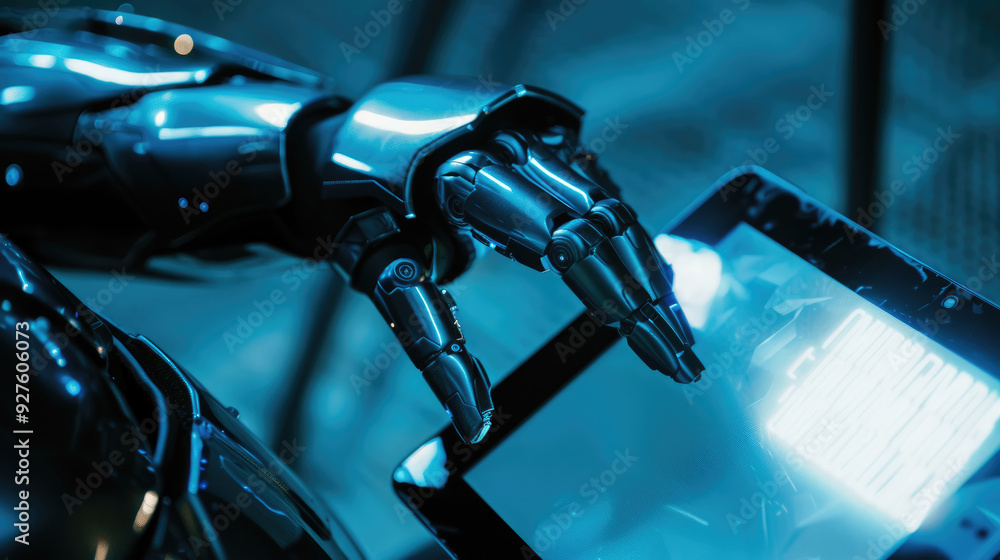 Poster a robotic hand is carefully manipulating a tablet screen in a dimly lit tech lab