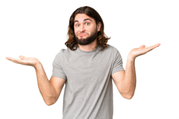 Young handsome man over isolated chroma key background having doubts while raising hands