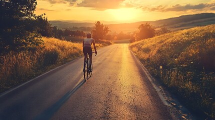 Obraz premium Cyclist Riding Through Picturesque Countryside Road at Sunset,Tranquil Lifestyle Connection with