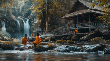 AI generator image of children and novices sitting and fishing in the waterfall stream.